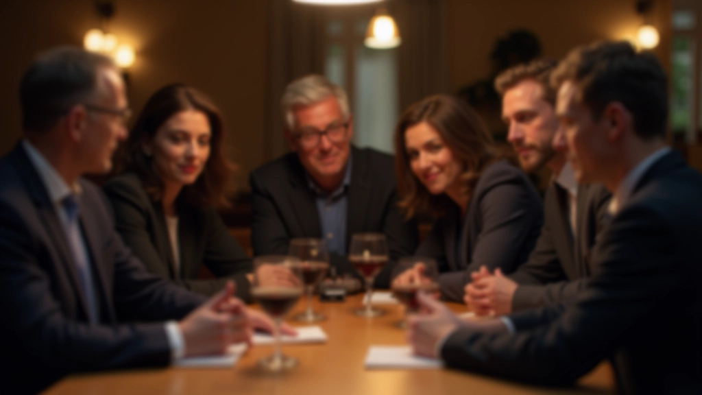 Group of adults in formal attire gathered around a table, engaged in animated discussion during mystery game