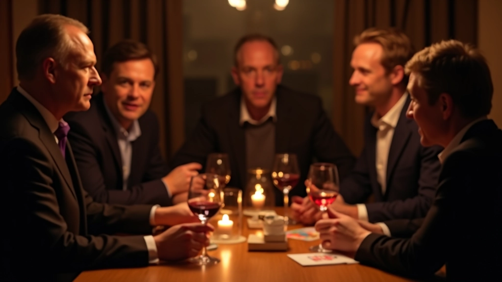 Group of adults gathered around a table playing mystery game in candlelit dining room