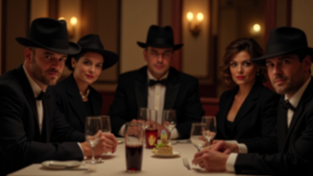 Group of adults dressed in spy-themed costumes around a dinner table with covert briefcase and secret documents as table decorations