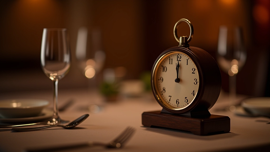 Clock showing dinner time with spy-themed table setting, creating sense of urgency and timing management for the event
