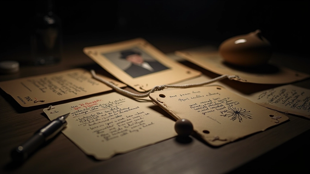 Handwritten clue cards and physical evidence items spread across investigation board with connecting red string