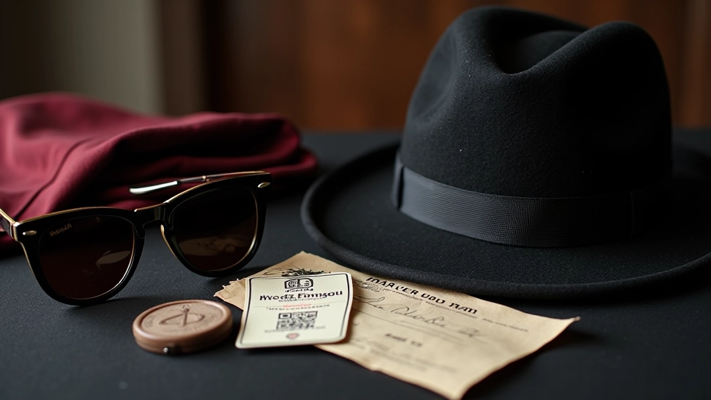 Collection of spy costume accessories including fedoras, dark sunglasses, fake credentials, and sophisticated evening wear on display