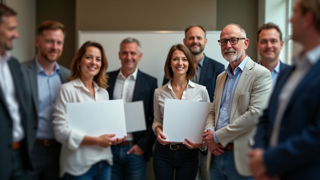 Two teams of adults standing with completed mystery solutions written on whiteboards during reveal phase