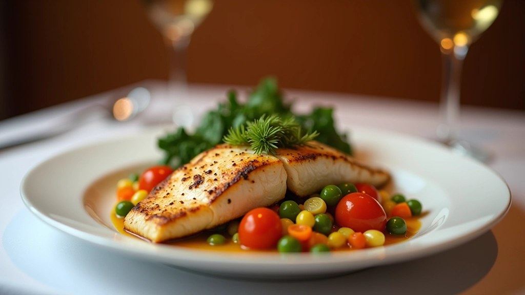 Sophisticated plated dinner course with grilled fish, roasted vegetables, and wine pairing on elegant white plate with linen napkin