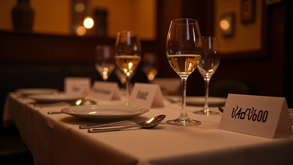 Elegant dinner table with wine glasses, place cards, and sophisticated table settings for a mystery event