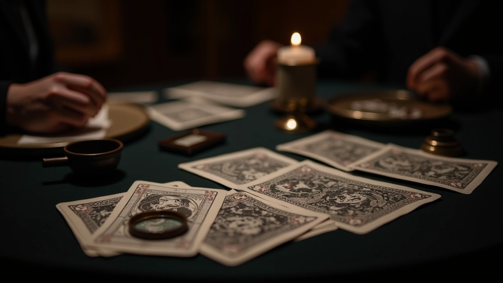 Elegant dining setup with mystery game cards and vintage detective props on table