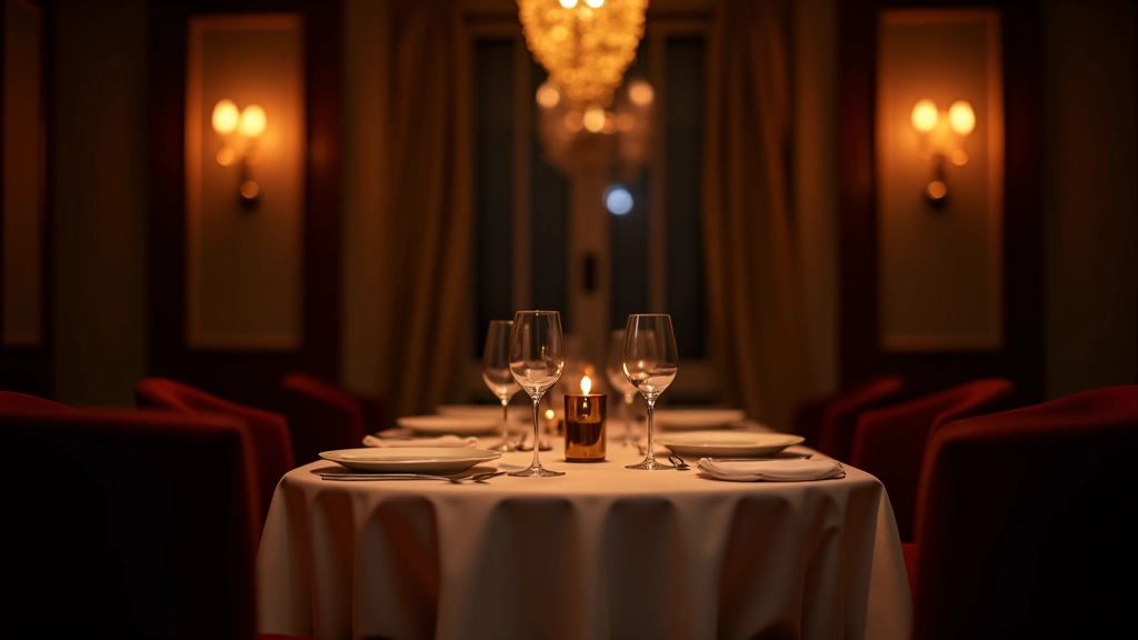 Upscale private dining room with low mood lighting, separate alcove spaces, and elegant table arrangements suitable for mystery dinner events