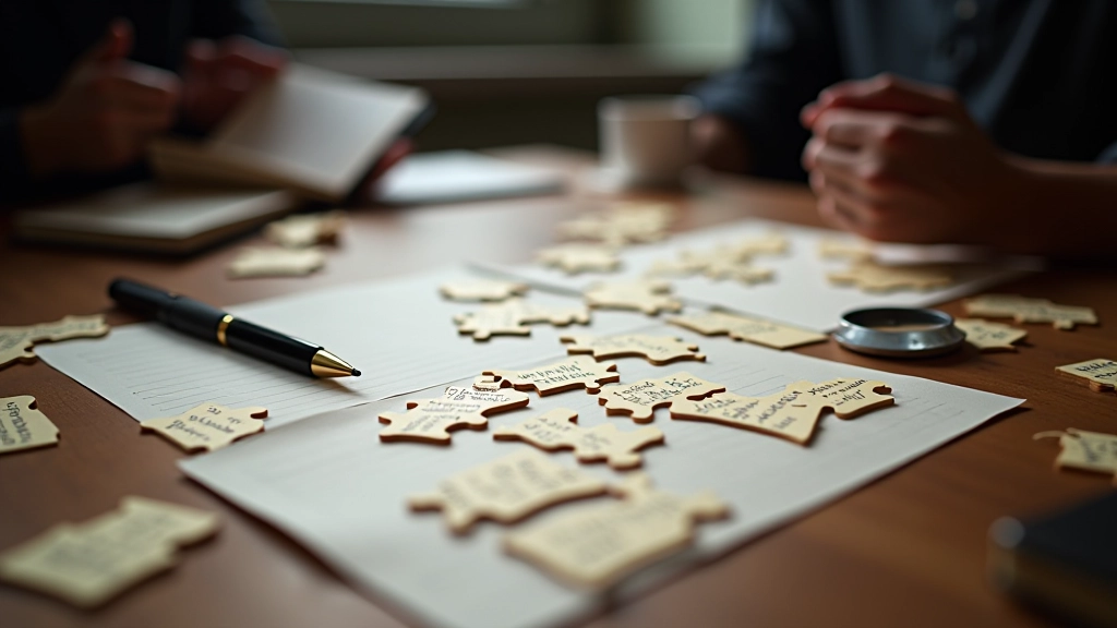 Wooden table with scattered puzzle pieces and clue cards for riddle competition setup